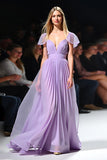 Simple A Line Lilac Chiffon Ruched Formal Dress with Cape Sleeves