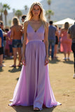 Simple Lilac Spaghetti Straps Long V-Neck Wedding Guest Dress