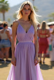 Simple Lilac Spaghetti Straps Long V-Neck Wedding Guest Dress