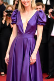 Dark Purple Deep V-Neck A Line Gala Dress With Short Sleeves