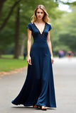 Navy A Line Long V Neck Beaded Mother of the Bride Dress with Short Sleeves