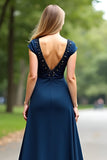 Navy A Line Long V Neck Beaded Mother of the Bride Dress with Short Sleeves