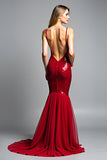 Mermaid Red Spaghetti Straps V-Neck Sequin Prom Dress