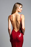 Mermaid Red Spaghetti Straps V-Neck Sequin Prom Dress