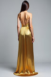 Golden A Line Deep V-Neck Backless Ruched Formal Dress