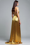 Golden A Line Deep V-Neck Backless Ruched Formal Dress