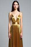 Golden A Line Deep V-Neck Backless Ruched Formal Dress