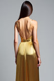 Golden A Line Deep V-Neck Backless Ruched Formal Dress