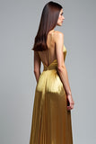 Golden A Line Deep V-Neck Backless Ruched Formal Dress