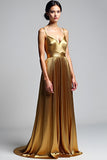 Golden A Line Spaghetti Straps Ruched Formal Dress