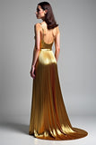 Golden A Line Spaghetti Straps Ruched Formal Dress