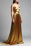 Golden A Line Spaghetti Straps Ruched Formal Dress