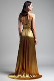 Golden A Line Spaghetti Straps Ruched Formal Dress