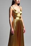 Golden A Line Spaghetti Straps Ruched Formal Dress