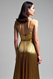 Golden A Line Spaghetti Straps Ruched Formal Dress