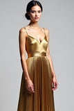 Golden A Line Spaghetti Straps Ruched Formal Dress