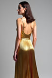 Golden A Line Spaghetti Straps Ruched Formal Dress