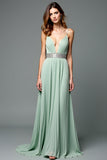 Green A Line Deep V-Neck Chiffon Bridesmaid Dress