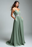 Dusty Sage Ruched Spaghetti Straps A Line Formal Dress