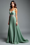 Dusty Sage Spaghetti Straps Ruched A Line Prom Dress with Slit