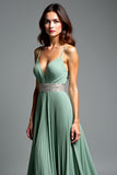 Dusty Sage Spaghetti Straps Ruched A Line Prom Dress with Slit