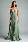 Ruched A Line Grey Green Spaghetti Straps Wedding Guest Dress