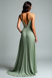 Ruched A Line Grey Green Spaghetti Straps Wedding Guest Dress