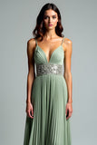 Ruched A Line Grey Green Spaghetti Straps Wedding Guest Dress