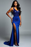 One Shoulder Sheath Royal Blue Formal Dress with Slit