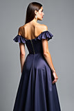 Off the Shoulder Navy Satin A Line Formal Dress