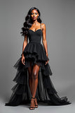 Spaghetti Straps Black High Low Ruffled Long Formal Dress