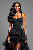 Spaghetti Straps Black High Low Ruffled Long Formal Dress