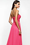 A Line Fuchsia Straplesss Ruched Prom Dress With Slit