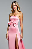 Hot Pink A Line Strapless Prom Dress With Bow