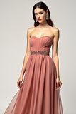 Dusty Rose Strapless A Line Tulle Prom Dress