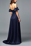 Off the Shoulder Navy Ruched A Line Formal Dress