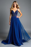 Sparkly Royal Blue Tulle Spaghetti Straps A Line Formal Dress with Beading