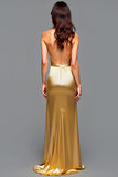 Halter Sheath Golden Backless Prom Dress with High Slit