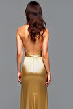 Halter Sheath Golden Backless Prom Dress with High Slit