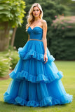 Blue A Line Sweetheart Ruffled Tiered Prom Dress