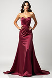 Strapless Burgundy Mermaid Satin Pleated Formal Dress