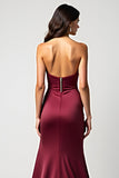 Strapless Burgundy Mermaid Satin Pleated Formal Dress