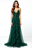 Ruffles Dark Green Spaghetti Straps Sheath Wedding Guest Dress