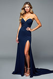 Navy Strapless Sheath Pleated Formal Dress with Slit