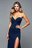 Navy Strapless Sheath Pleated Formal Dress with Slit