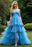 Blue A Line Sweetheart Ruffled Formal Dress