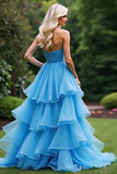 Blue A Line Sweetheart Ruffled Formal Dress