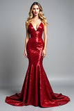 Red Mermaid Spaghetti Straps Sequined Formal Dress