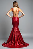 Red Mermaid Spaghetti Straps Sequined Formal Dress