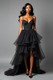 Black Ruffled Spaghetti Straps A Line Formal Dress